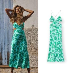 NWT Zara Green Floral Satin Effect Cut Out Midi Dress